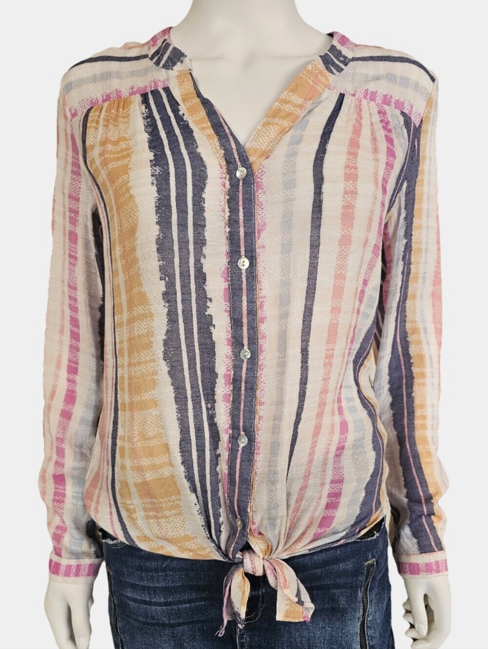 Hope & Harlow Multi-Color Striped V-Neck Button Down Tie-Front Blouse Size S